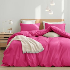 SSW HOMES Double Size Duvet Cover Sets (Pink) - 3 Pcs Brushed Microfiber Plain Dyed Quilt Cover - Bedding Set with Button Closure Include 1 Duvet Cover & 2 Pillowcases
