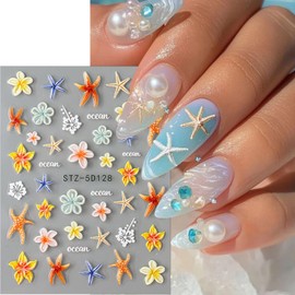2 Sheets 5D Embossed Summer Nail Stickers for Nail Art Self-Adhesive Flower Nail Art Stickers Starfish Lily Nail Decals Ocean Beach Summer Nail Design Sticker for Women DIY Nails Decoration