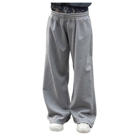 RoseSeek Men's Elastic Double Waist Patchwork Sweatpants Wide Leg Baggy Track Pants Vintage Streetwear Grey Medium