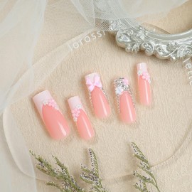 24 Pcs Spring Press On Nails Long Square,YEFIUO 3D Rhinestones Glitter Pink Bow Flower Nail Charms French Nail Art Tips Acrylic Nail Kit Fake Nails Press ons Glue on Nails Full Cover False Nails Women