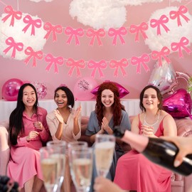 2 Pcs Pink Bow Party Decorations Banner Pre-Strung Coquette Party Birthday Decoration Garlands for Girls Women Bows Theme Baby Shower Bridal Shower Bachelorette Coquette Princess Party Decor Supplies