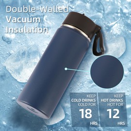 Volhoply 18oz Insulated Water Bottle Bulk 8 Pack,Kids Stainless Steel Water Bottles with Straw Lid,Wide Mouth Reusable Metal Thermos Bottle,Double Wall Vacuum Sports Flask For Cold Drink(Navy,8 Set)