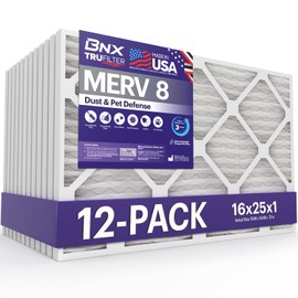 BNX TruFilter 16x25x1 Air Filter MERV 8 (12-Pack) - MADE IN USA – Dust & Pet Defense Electrostatic Pleated Air Conditioner HVAC AC Furnace Filters for Dust, Pet, Mold, Pollen MPR 600 – 700 & FPR 5