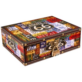 KOGLAR Wood and Leather Treasure Chest with Lid and Lock - Small Decorative Wooden Jewelry Keepsakes Storage Box for Birthday Travel Letter Home Decoration – Route 66 Pattern 10.6"×8.3"×3.7"