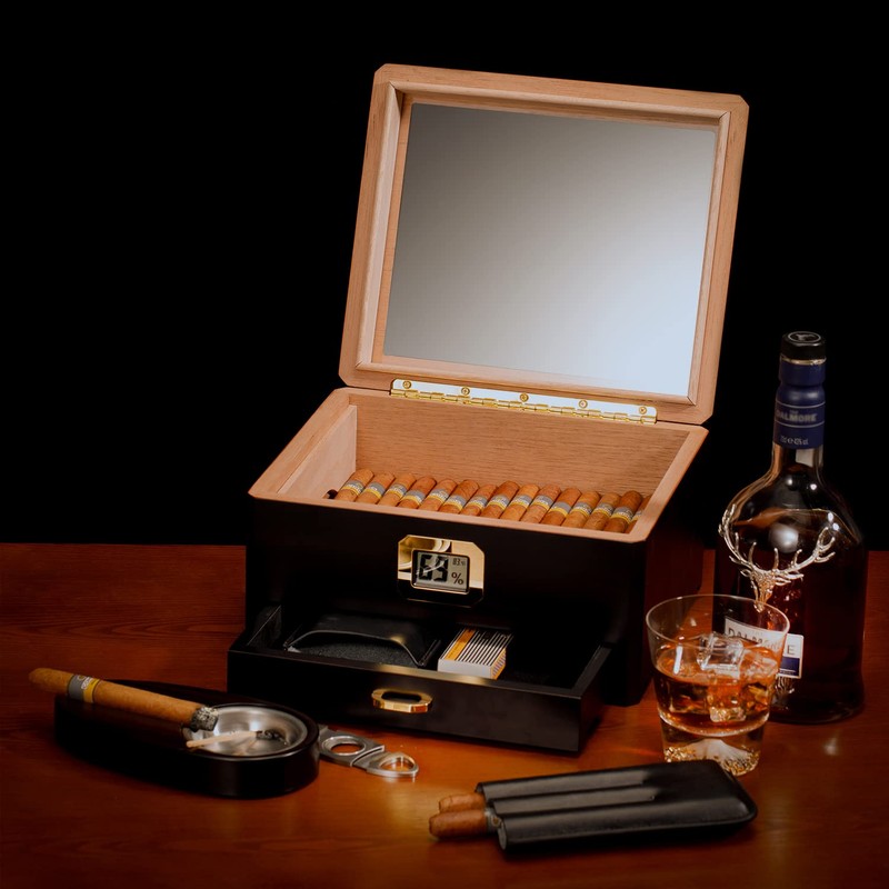 Woodronic Cigar Humidor with Accessory Drawer for 50 Cigars, Humidifier