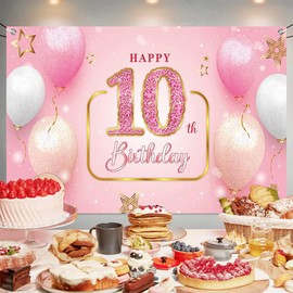 Happy 10th Birthday Backdrop Banner Pink 10 Years Old Birthday Photography Background 10th Birthday Decorations Party Supplies for Girls and Boys