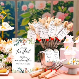 Tioncy 24 Set Wedding Favor for Guests Includes S'mores Sticks for Fire Pit Table Sign Celebrate Tags with String Extendable Marshmallow Roasting Sticks S'mores Skewer for Party Gifts(Rose Flower)