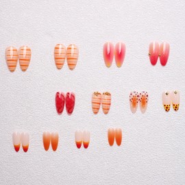 MERVF Almond Press on Nails Medium Fake Orange Ombre French Tip Glue ons 3D Star Stiletto Acrylic Nail Tropical Summer Design Gradient Manicure Glossy 24pcs
