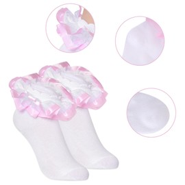 Pistha 2 Pairs Girls Ruffle Lace Socks Fancy Frilly Dress Princess Socks with Double Ruffles for Toddler Little Girls(Pink,1-3t)