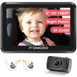 Itomoro Baby Car Camera 5'' 1080P with 3X Zoom, IR Night Vision, 360°Rotating Adjustable Car Baby Monitor Easily Install Car Seat Camera for Baby Rear Facing