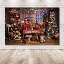 MEHOFOND 7x5ft Christmas Backdrop Santa's Toyshop Photography Background Vintage Rustic Wooden House Winter Night Cottage Gift Xmas Tree Family Holiday Party Decoration Portrait Photo Studio