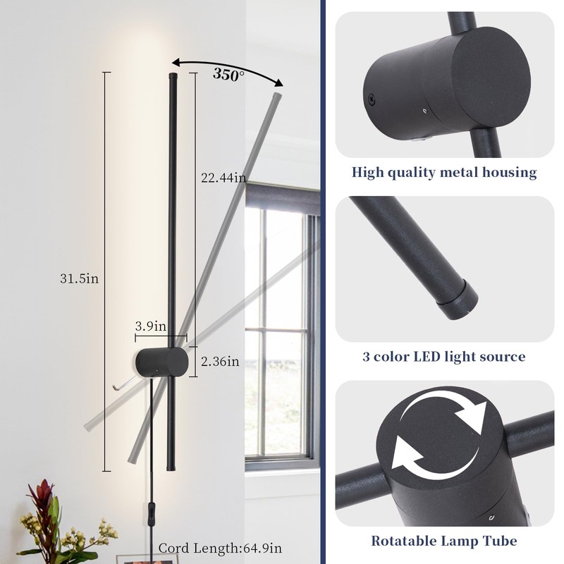 KELUOLY Dimmable Plug in Wall Sconce Set of 2,Black 31.5"