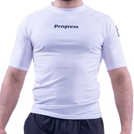 Progress Jiu Jitsu Academy Short SleeveRashguard | Flexible and Durable BJJ Rash Guard | Moisture-Wicking Compression Tops for Men and Women | 80% Polyester/20% Spandex White L