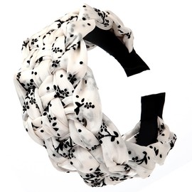 NARUNING Printed Fashion Wide Brim Chiffon Headband, Women's High Elastic Braid Hairbands, Organza Cross Braided Headbands, Hair Accessories for Girls and Women 1-Pack (Printed White, One Size)