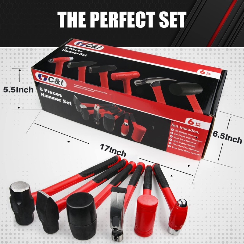 C&T 6-Piece Hammer Set, Fiberglass Handle & Mallet Set, Metal