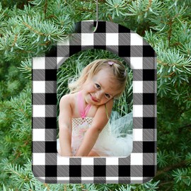 The Original Mini Photo Christmas Ornaments, Magnetic Easy-Load Rustic Buffalo Plaid Picture Frame Ornament, Includes Photo Protectors Plus Hooks for Hanging, Vertiical, Black and White 6-Pack