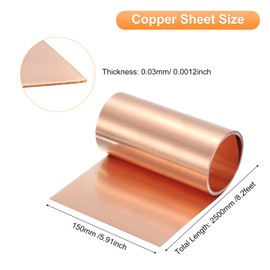 uxcell Copper Sheet Roll 2500mm x 150mm x 0.03mm, 6" x 8.2ft 38 Gauge 99.9% Pure Copper Flashing Strip Metal Foil Plate for Electricity DIY Projects (Multiple Sizes)