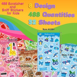 Tageenla Scratch and Sniff Stickers, 32 Sheets 488 Smelly Stickers for Kid, 8 Fruity Scents & Matching Colors, Colorful Scented Sticker Set for Kids’ Learning