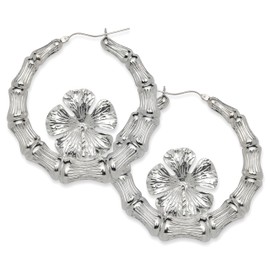 Hibiscus Flower 925 Sterling Silver Bamboo Hoops Earrings