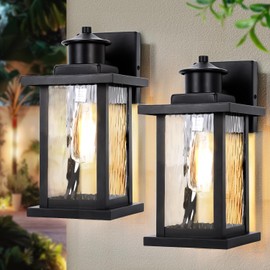 11.65'' Outdoor Light Fixture 2 Pack, Outdoor Wall Lights Exterior Wall Sconce with Water Ripple Glass, Waterproof Porch Light Lantern Wall Mounted, Modern Black Outside Lights for House Patio Garage