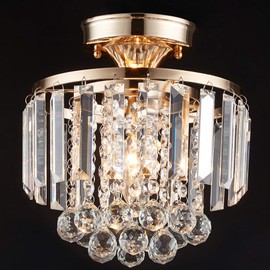 MonDaufie Gold Crystal Chandelier Semi Flush Mount Ceiling Light,D10”Ceiling Light Fixture for Hallway Entryway Living Room Bedroom, French Gold