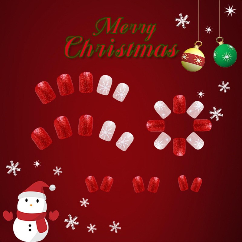 Short Press on Nails Square Fake Nails with snowflake Designs