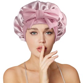Necole 22 Momme 100% Mulberry Double Silk bonnet for sleeping women Double Layer lined Stay On Head for Hair Care with Elastic Tie Band Non-Slip Silk Turban Curly Hair silk hair cap Dusty pink