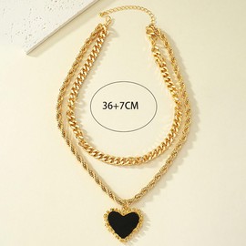 Danshinbow Double Layer Twists Necklace Exaggerated Black Gold Love Heart Black Diamond Jewelry for Women and Girls Metal, Metal