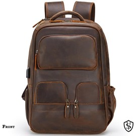 STAR VISTA 15.6" Raphael Vintage Full Grain Leather Laptop Backpack for Men, Multi Pockets, Casual Outdoor Business Travel Rucksack, YKK Zippers, Dark Brown