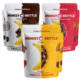 Monkey Brittle Healthy Snacks, Crispy Plant-Based Treats for Kids & Adults, Vegan & Gluten-Free, All-Natural Snack for School, Sports, Camping & On-the-Go (Pack of 6), Combo - Original + Cacao Coconut + Strawberry Banana Crunch