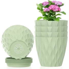 Meowell 4 inch Small Plastic Nursery Pots, 5 Pack Water Ripples Plant Pots for Indoor Plants, Flower Pots with Drainage Holes and Saucers, Seeding Starter Planters for Decorative, Green