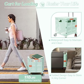 SELORSS Foldable Utility Cart Rolling Crate Handcart Shopping Cart with Rotate Wheels Extended Magnetic Lid Telescoping Handle Adjustable Angle for Transports Groceries Office Teacher File(Green)