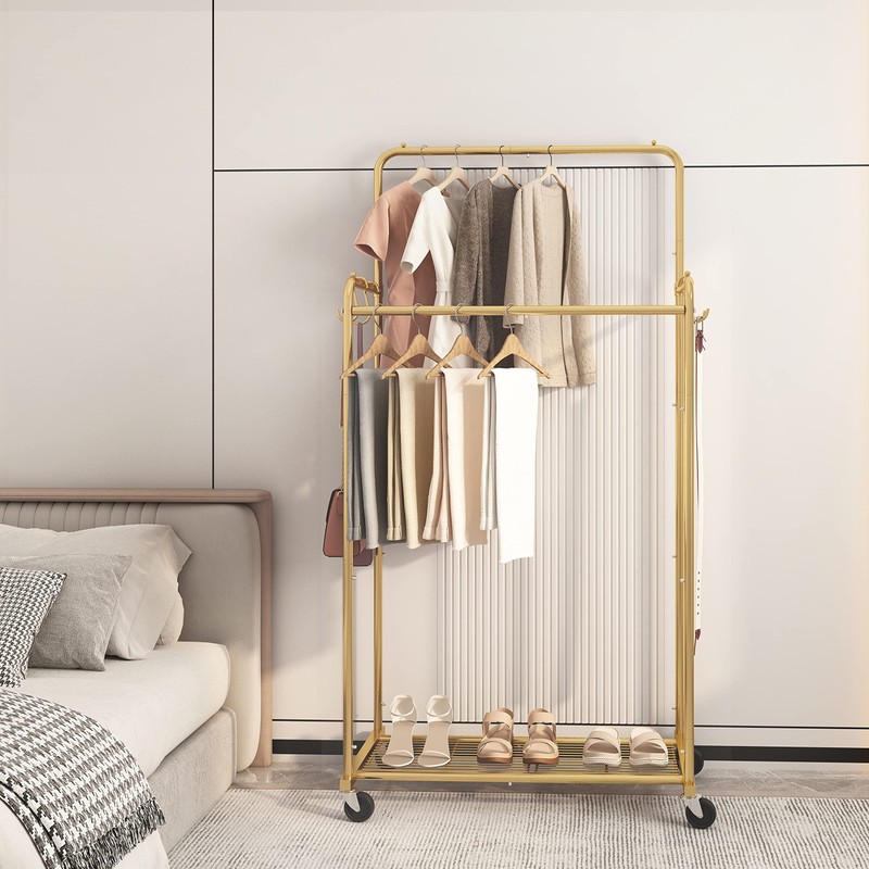 Simple Trending Double Rod Clothes Garment Rack, Heavy Duty Clothing