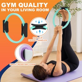 QYJinlida Pilates Ring, Pilates Ring Circle and Ball Set, 12 Inch Magic Circle Pilates Ring,9 Inch Small Exercise Ball,Resistance Bands Set, Home Pilates Equipment for Women (Blue-Green Ring Circle)