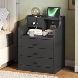 Tiptiper Nightstand Set 2, Black NightStand with Hutch and Charging Station, Night Stands with 3 Drawers for Bedrooms Set of 2, Modern Bedside Table End Side Table