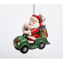 Fine Ceramic Golfing Santa Driving Golf Cart Christmas Tree Ornament Figurine, 3-7/8" L