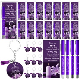 Maitys 50 Set Memorial Funeral Favor for Guest Include 50 Funeral Ballpoints and Prayer Cards, 50 Keychains with Tassels Bags and Twist Ties, Sympathy Gift for Memorial Service(Flower,Purple)
