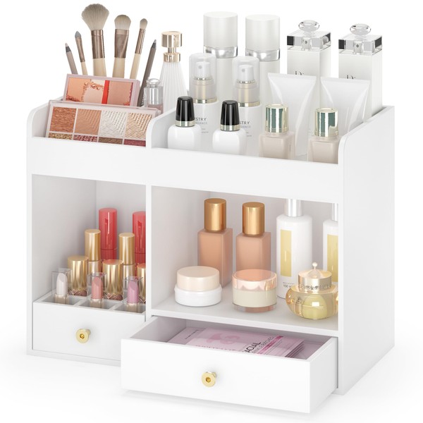 Wisuce Essentials Makeup Organizer with Drawers, Bamboo Countertop Cosmetic Storage