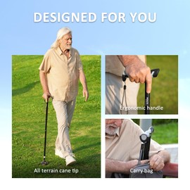 HEALTHBAZAAR Walking Cane for Men & Women - Self Standing Pivot Cane, Adjustable, Foldable Walking Sticks for Seniors & Adults with Wrist Strap, Travel Bag