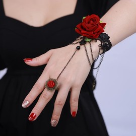Xerling Red Rose Flower Finger Ring Bracelets Vintage Hand Chains Black Boho Victorian Costume Ribbon Bracelets Crystal Beads Tassel Hand Harness Bracelets for Women Girls (Type C)