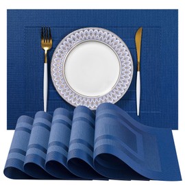 LEXMORE PlaceMats Set of 12 Vinyl/Plastic Woven Place Mats for Kitchen Table Indoor/Outdoor Washable PlaceMat Wipeable Dining Table Mats(Navy Cube)