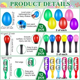 Fiada 96 Pcs Musical Instruments Learning Percussion Toy Include 12 Egg Shakers 12 Sand Hammers 12 Hand Clappers 12 Rhythm Sticks 12 Hand Bells 12 Handheld Cymbals 12 Dance Scarves 12 Finger Castanets