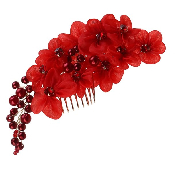 LALAFINA Wedding Hair Comb Artificial Flowers Hair Clips Pearl Rhinestone Bridal Hair Clip for Women and Girls (Red)