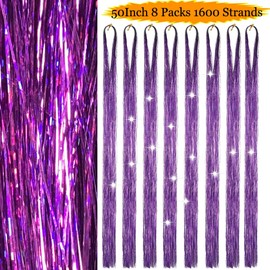 Hair Tinsel Purple 50inch 8packs 1600 Strands Tinsel Hair Extensions Shiny Hair Accessories Sparkling Fairy Glitter Hair Extension for Women Girls Kids(50",Purple)