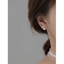 Reffeer Solid 925 Sterling Silver CZ Leaves Crawler Earrings Wrap for Women Earrings Pearl Cuff Earrings Piercing Studs (A-Silver)
