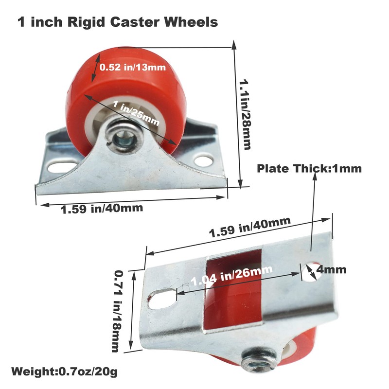 Floyutin 1 inch Rigid No-Swivel Plate Casters Small Rubber Wheels