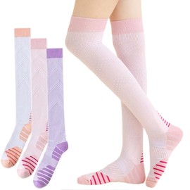 Dress Cici Nylon Compression Stockings for Women, Stripes Thigh High Compression Socks for Athletic Sports (3 Pack: Pink+Purple+White)