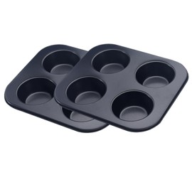 2pcs 4-Hole Muffin Pan, Bakeware Non-stick Cupcake Baking Pan Mini Pie Pans, Heavy Duty Carbon Steel Muffin Tray Standard Baking Mold Pan for Oven Bakings (Black)