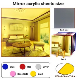 Adrattnay Acrylic Mirror Sheets 12x12in 1/8"" 3mm Red Gold Silver Rose Blue 5 Pack