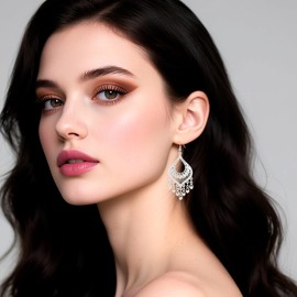 Aliyoham Silver Teardrop Dangly Earrings for Women Intricate Filigree Chandelier Design with Dangling Tassel Accents, Boho Gypsy Indian Jewelry